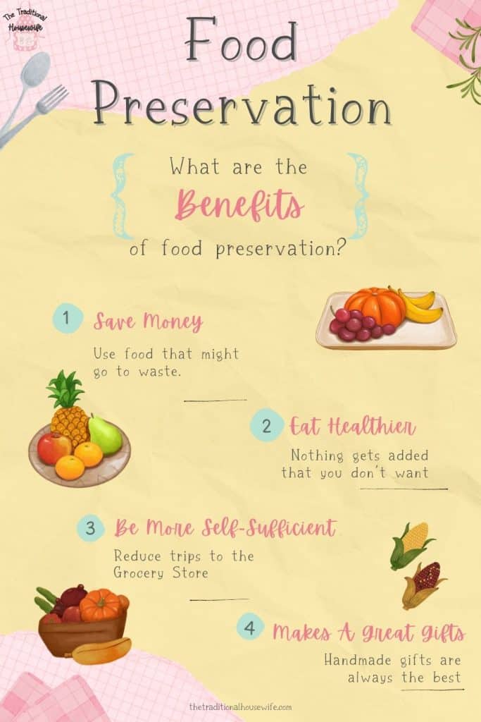 an info graphic showing the 4 benefits of food preservation: Save money, Eat Healthier, Be more self-sufficient, and makes a great gift.