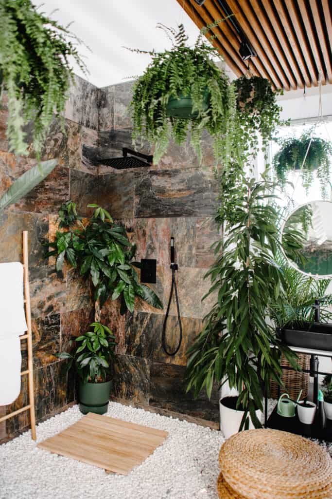 A bathroom and shower with hanging ferns and other plants.