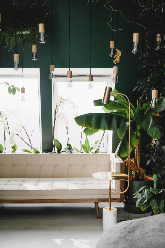 A white couch in a green room full of plants.