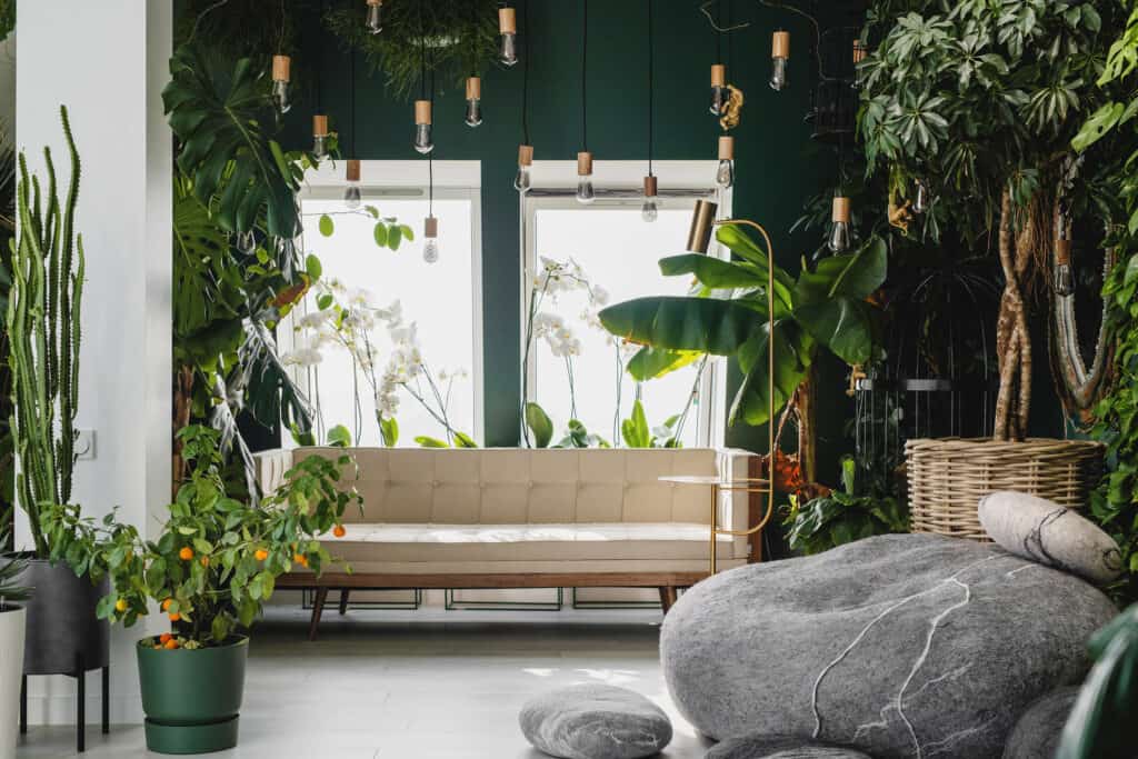 A sun room with many different plants, a couch and large stones.