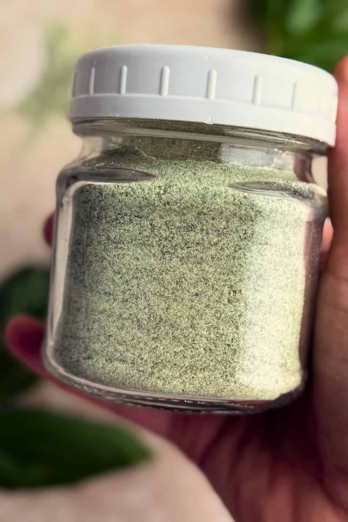 Hand holding a jar of basil salt.